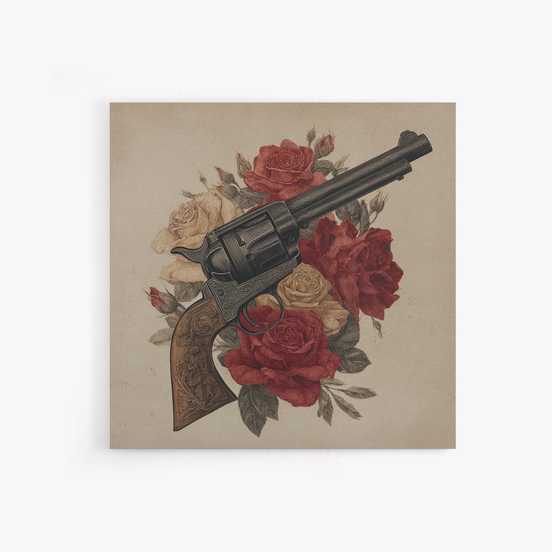 Old Revolver and Roses Canvas Print, Western Art, Landscape Painting, Southwestern Decor, Watercolor Art, Frontier, WES-1x1-19