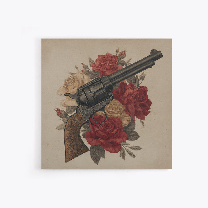 Old Revolver and Roses Canvas Print, Western Art, Landscape Painting, Southwestern Decor, Watercolor Art, Frontier, WES-1x1-19