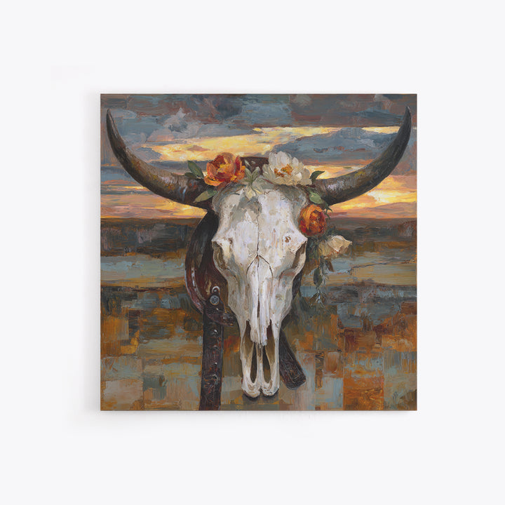 Longhorn Skull with Desert Flowers Framed Canvas Print, Western Art, Cowboy Art, Southwestern Decor, Oil Painting, Frontier, WES-1x1-27