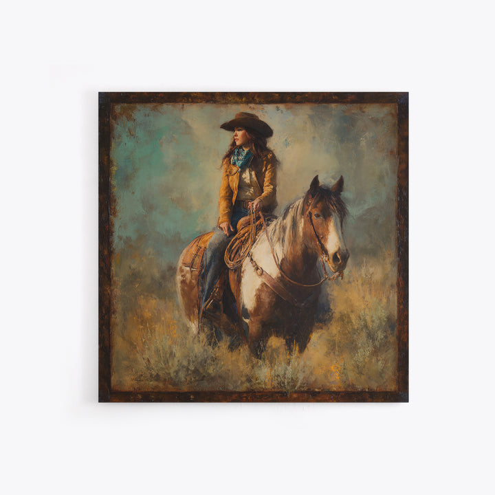 Cowgirl Portrait with Turquoise Jewelry Canvas Print, Western Art, Desert Art, Southwestern Decor, Oil Painting, Frontier, WES-1x1-30