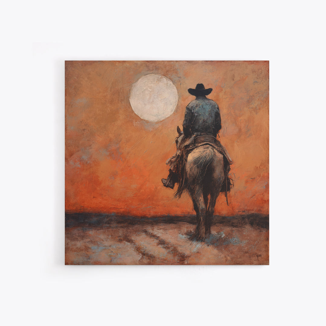 Desert Moon over Lone Rider Canvas Print, Western Art, Digital Download Art, Southwestern Decor, Frontier, Neutral Decor, WES-1x1-35