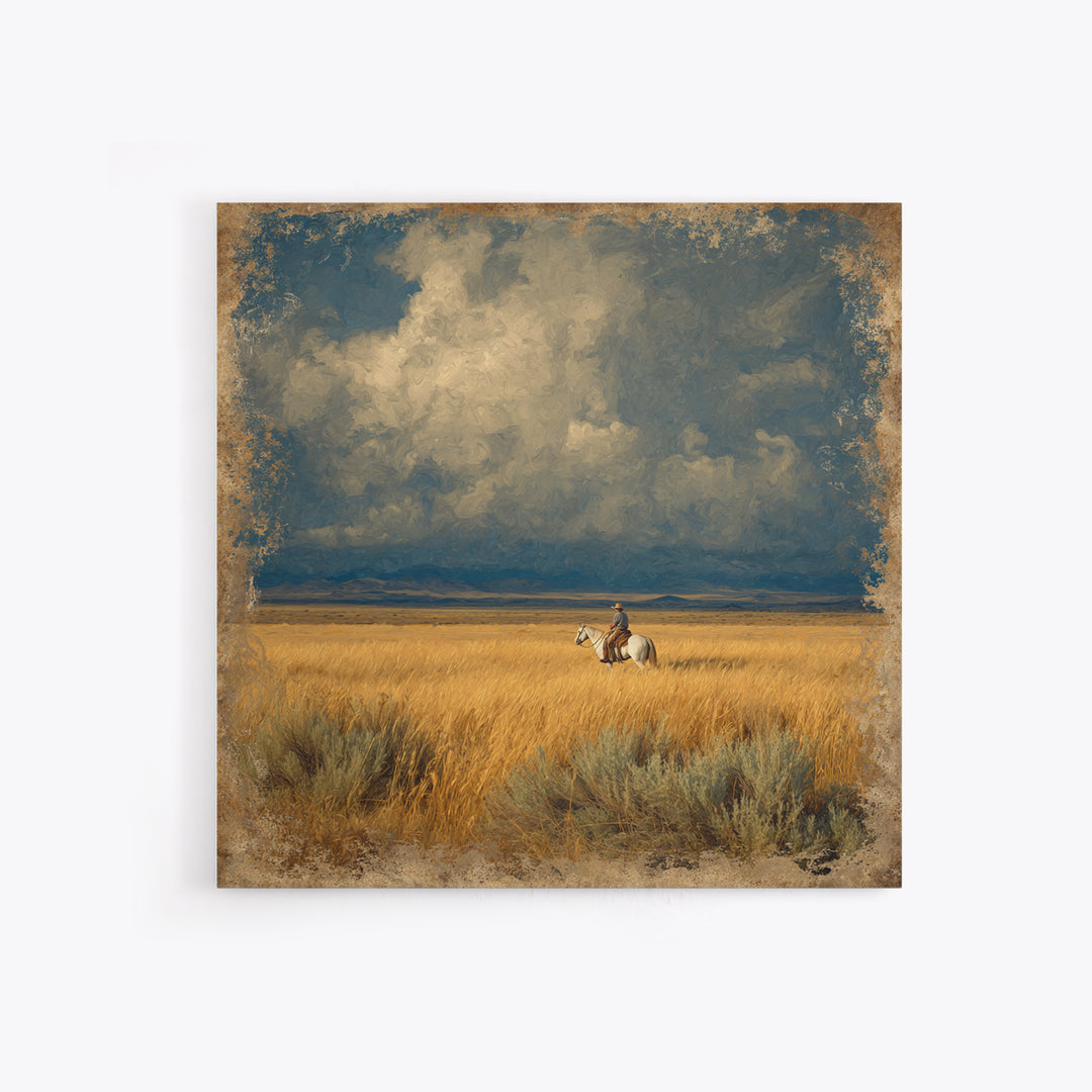 Golden Wheat Field Framed Canvas Print, Western Art, Wall Decor, Southwestern Decor, Fine Art, Frontier, Landscape Painting, WES-1x1-48
