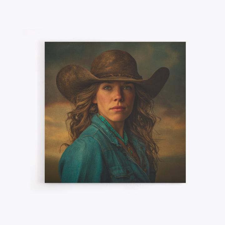 Cowgirl Portrait with Turquoise Jewelry Framed Canvas Print, Western Art, Southwestern Decor, Fine Art, Frontier, Boho Decor, WES-1x1-6