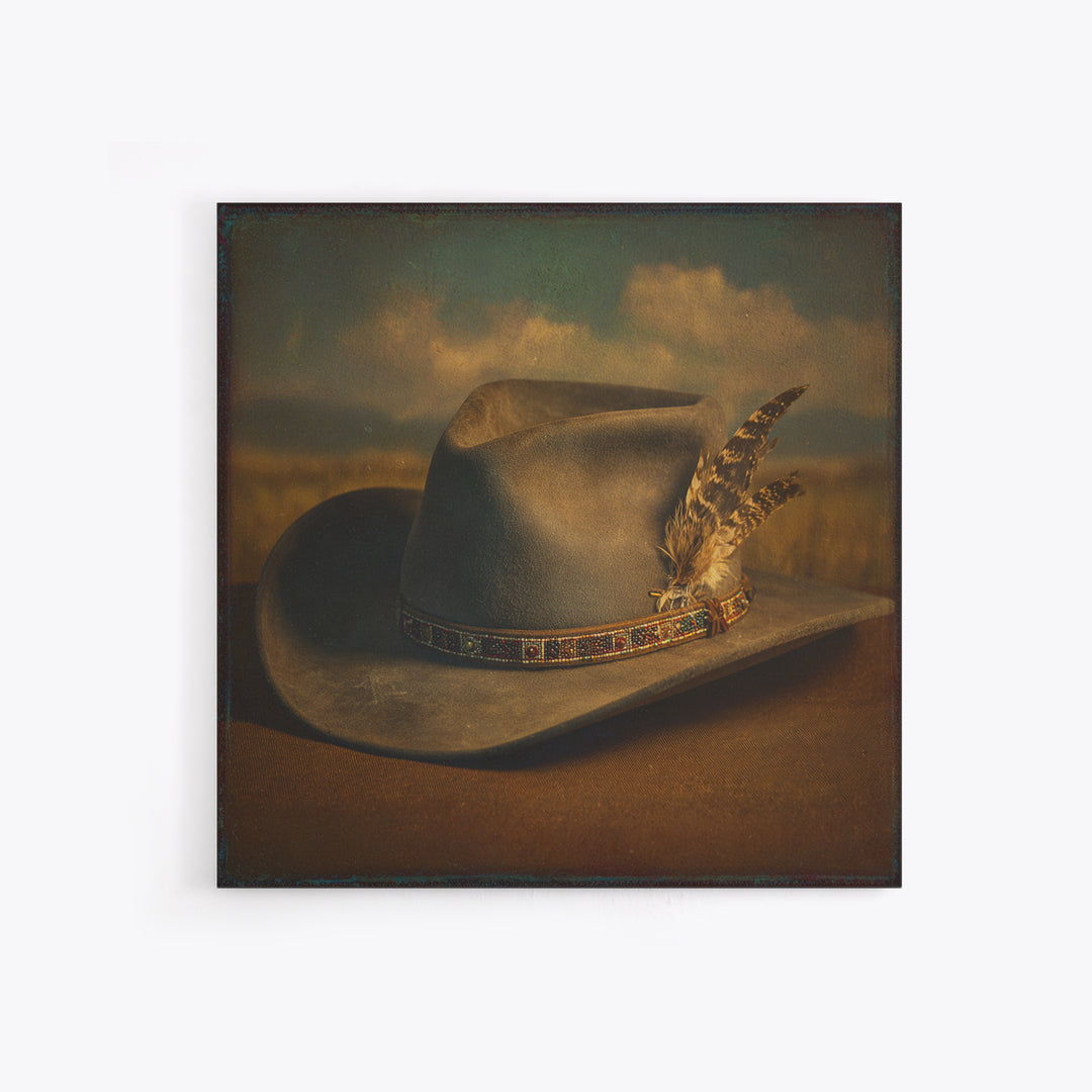 Cowboy Hat with Feathers and Beads Framed Canvas Print, Western Art, Western Print, Southwestern Decor, Fine Art, Frontier, WES-1x1-70
