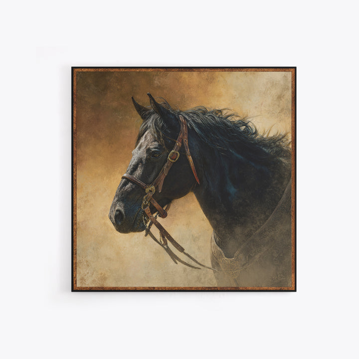 Black Horse Portrait Canvas Print, Western Art, Neutral Decor, Southwestern Decor, Fine Art, Frontier, Home Decor, Wall Decor, WES-1x1-90