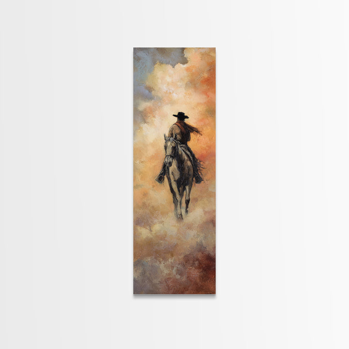 Desert Moon over Lone Rider Canvas Print, Western Art, Minimalist Wall Art, Southwestern Decor, Fine Art, Frontier, Horse Art, WES-1x3-23