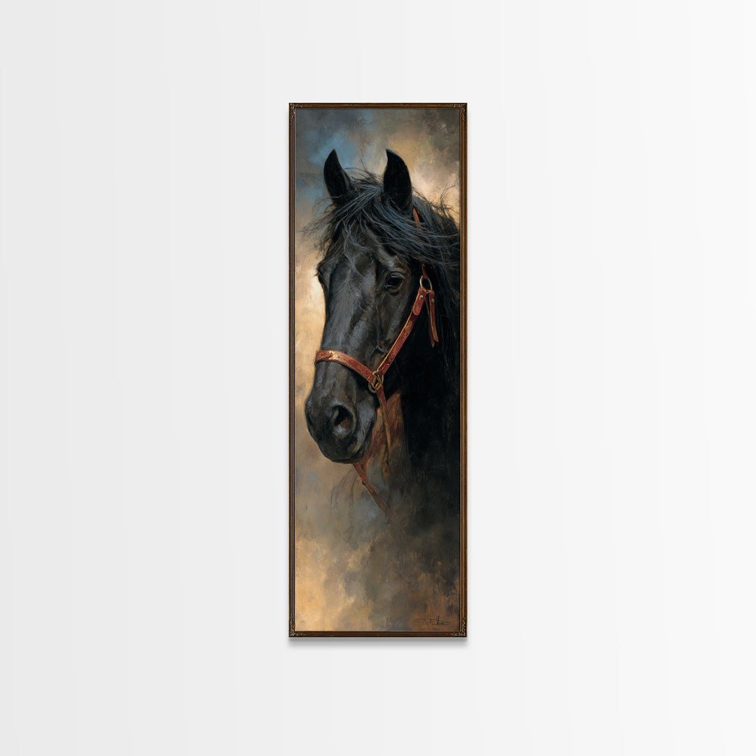 Black Horse Portrait Framed Canvas Print, Western Art, Desert Art, Southwestern Decor, Oil Painting, Frontier, Minimalist Decor, WES-1x3-54