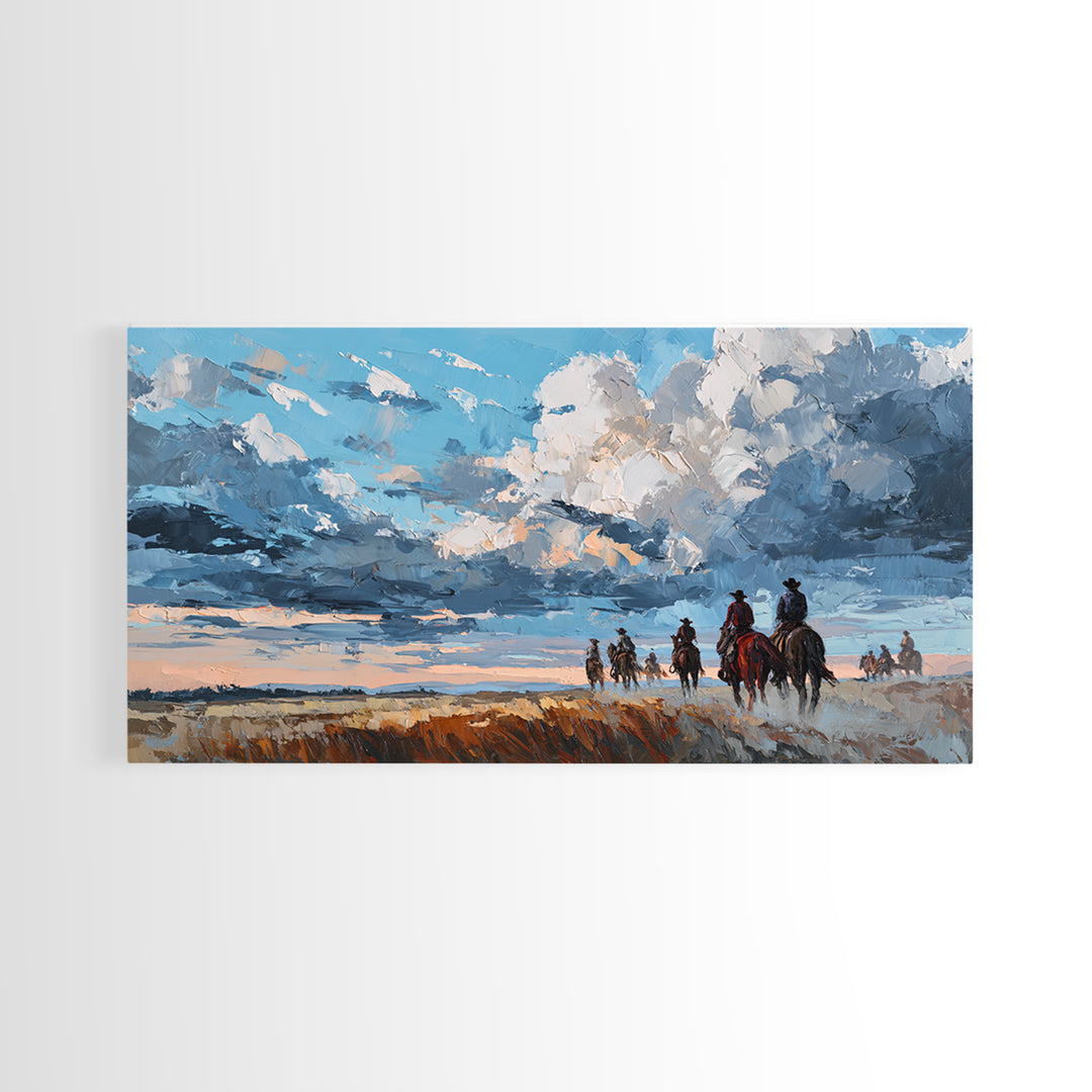 Cowboy Campfire under Starry Sky Framed Canvas Print, Western Art, Contemporary Art, Southwestern Decor, Fine Art, Frontier, WES-2x1-10