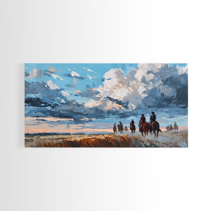 Cowboy Campfire under Starry Sky Framed Canvas Print, Western Art, Contemporary Art, Southwestern Decor, Fine Art, Frontier, WES-2x1-10