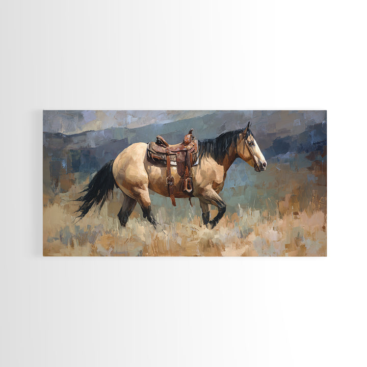Buckskin Horse in Golden Prairie Light Framed Canvas Print, Western Art, Boho Decor, Southwestern Decor, Oil Painting, Frontier, WES-2x1-27