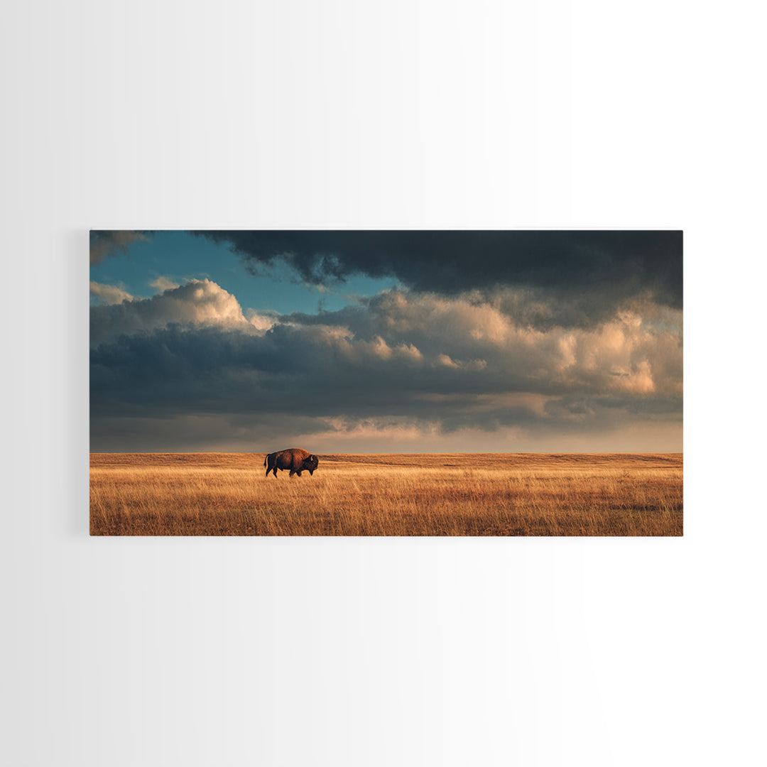 Buffalo Silhouette Beneath Enormous Sky Framed Canvas Print, Western Art, Contemporary Art, Southwestern Decor, Frontier, WES-2x1-28