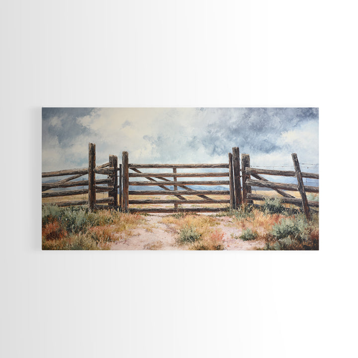 Sun Bleached Ranch Gate Framed Canvas Print, Western Art, Wall Art, Southwestern Decor, Watercolor Art, Frontier, WES-2x1-35