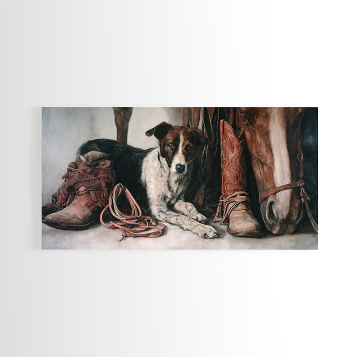 Ranch Dog Beside Worn Boots Canvas Print, Western Art, Printable Wall Art, Southwestern Decor, Frontier, Downloadable Art, WES-2x1-41