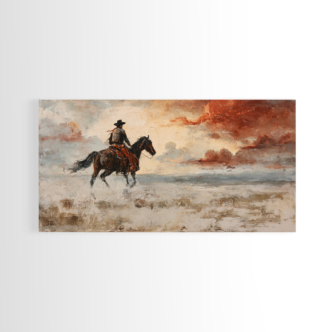 Cowboy Riding Across Dusty Sunset Plains Framed Canvas Print, Western Art, Western Decor, Southwestern Decor, Frontier, WES-2x1-45