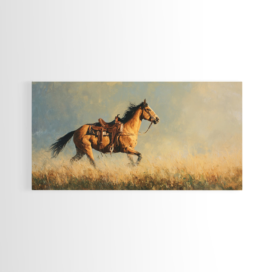 Buckskin Horse in Golden Prairie Light Framed Canvas Print, Western Art, Room Decor, Southwestern Decor, Fine Art, Frontier, WES-2x1-75