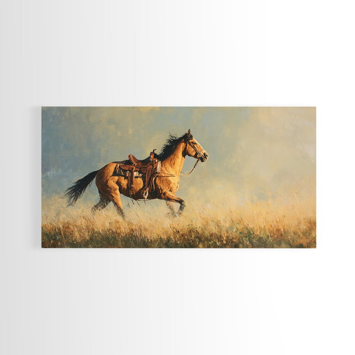 Buckskin Horse in Golden Prairie Light Framed Canvas Print, Western Art, Room Decor, Southwestern Decor, Fine Art, Frontier, WES-2x1-75