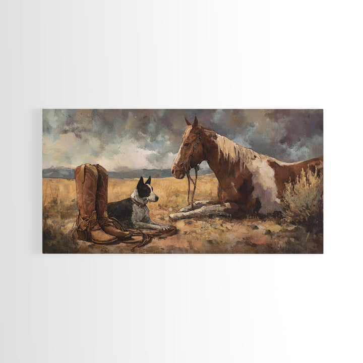 Ranch Dog Beside Worn Boots Canvas Print, Western Art, Cowboy Art, Southwestern Decor, Fine Art, Frontier, Rustic Wall Art, WES-2x1-89