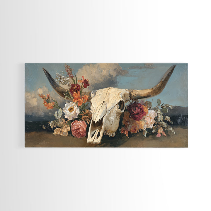 Longhorn Skull with Desert Flowers Framed Canvas Print, Western Art, Neutral Decor, Southwestern Decor, Oil Painting, Frontier, WES-2x1-95