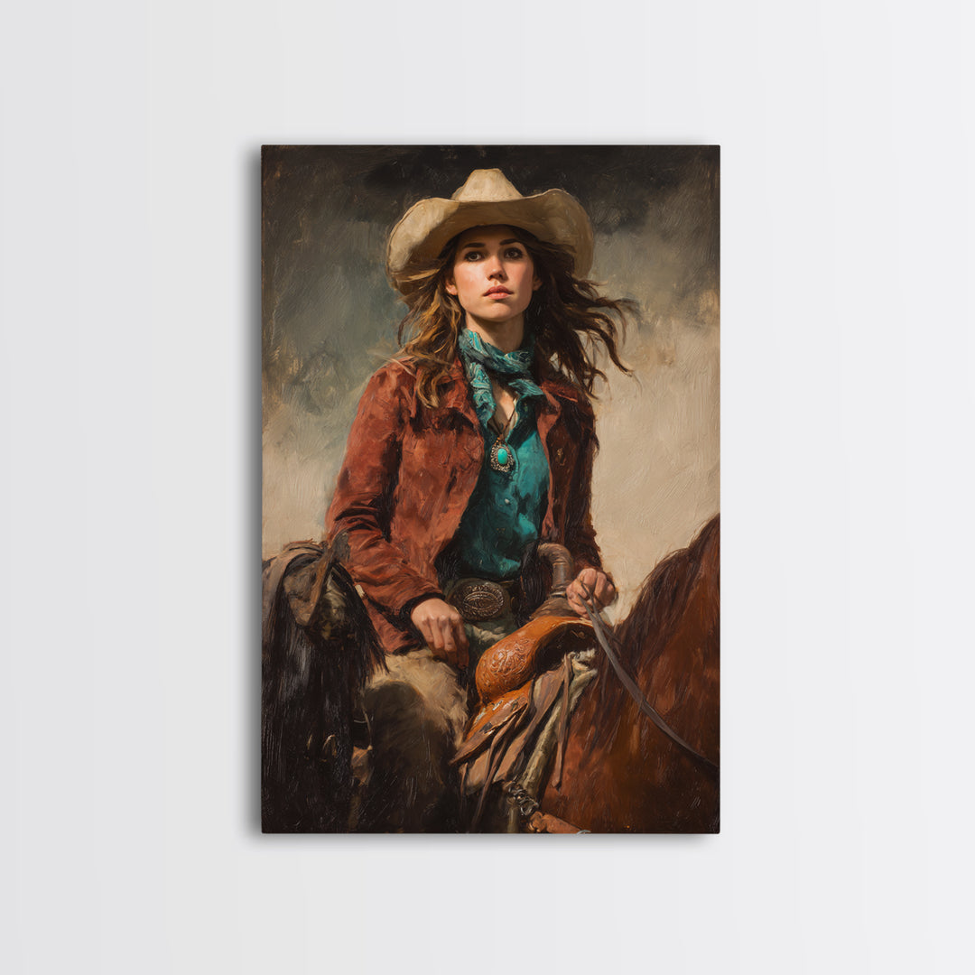 Cowgirl Portrait with Turquoise Jewelry Canvas Print, Western Art, Wall Art, Southwestern Decor, Oil Painting, Frontier, WES-2x3-14