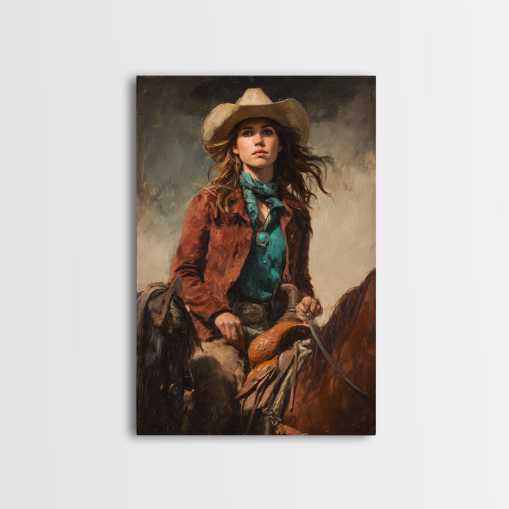 Cowgirl Portrait with Turquoise Jewelry Canvas Print, Western Art, Wall Art, Southwestern Decor, Oil Painting, Frontier, WES-2x3-14