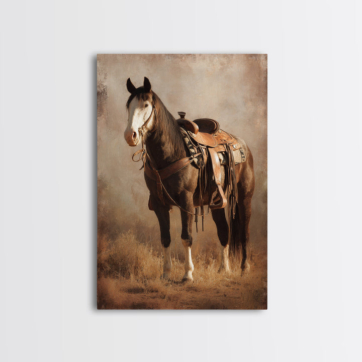 Western Saddle and Rope on Weathered Wood Framed Canvas Print, Western Art, Southwestern Decor, Watercolor Art, Frontier, WES-2x3-18