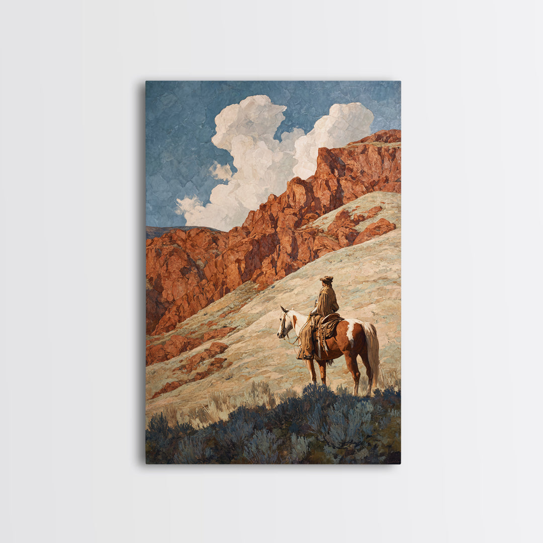 Eagle Flying Above Mountain Ridge Framed Canvas Print, Western Art, Oil Painting, Southwestern Decor, Fine Art, Frontier, WES-2x3-21