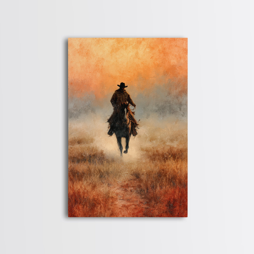 Cowboy Riding Across Dusty Sunset Plains Canvas Print, Western Art, Landscape Painting, Southwestern Decor, Frontier, WES-2x3-33