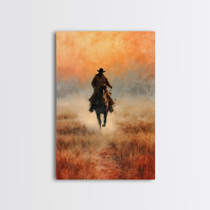 Cowboy Riding Across Dusty Sunset Plains Canvas Print, Western Art, Landscape Painting, Southwestern Decor, Frontier, WES-2x3-33