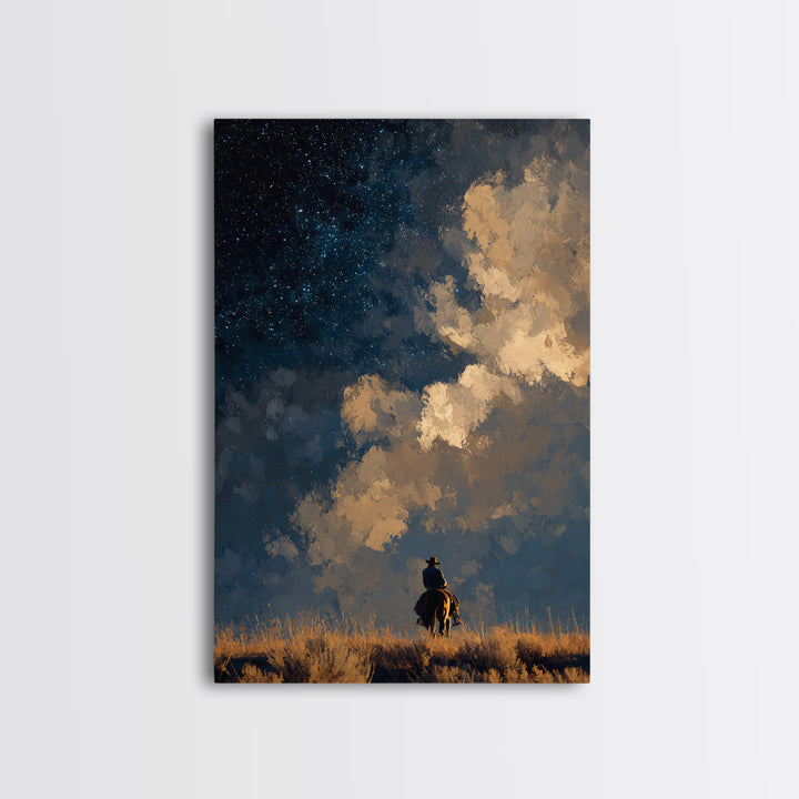 Cowboy Campfire under Starry Sky Framed Canvas Print, Western Art, Art, Southwestern Decor, Frontier, Western Wall Art, WES-2x3-46