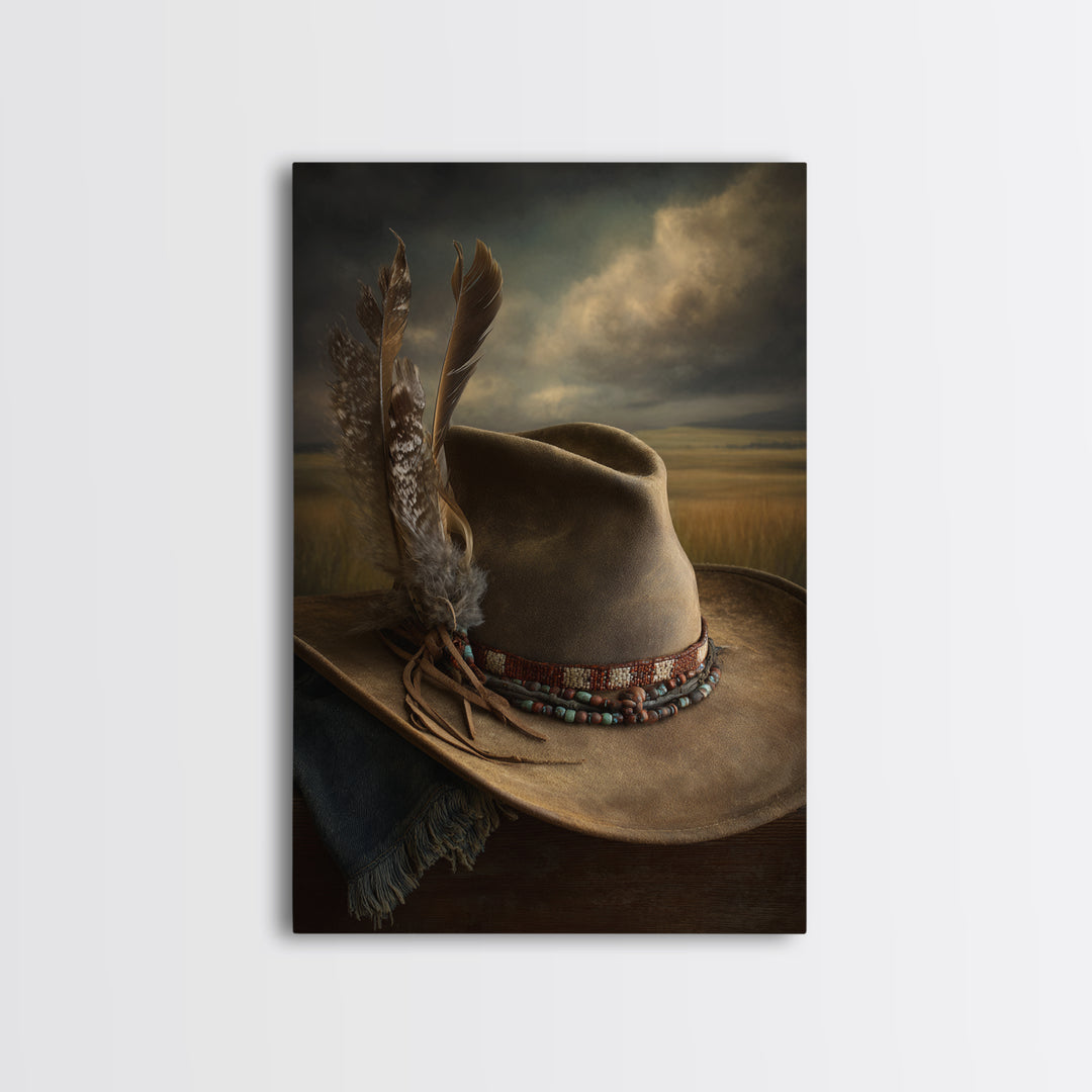 Cowboy Hat with Feathers and Beads Canvas Print, Western Art, Painting, Southwestern Decor, Fine Art, Frontier, Trendy Wall Art, WES-2x3-54