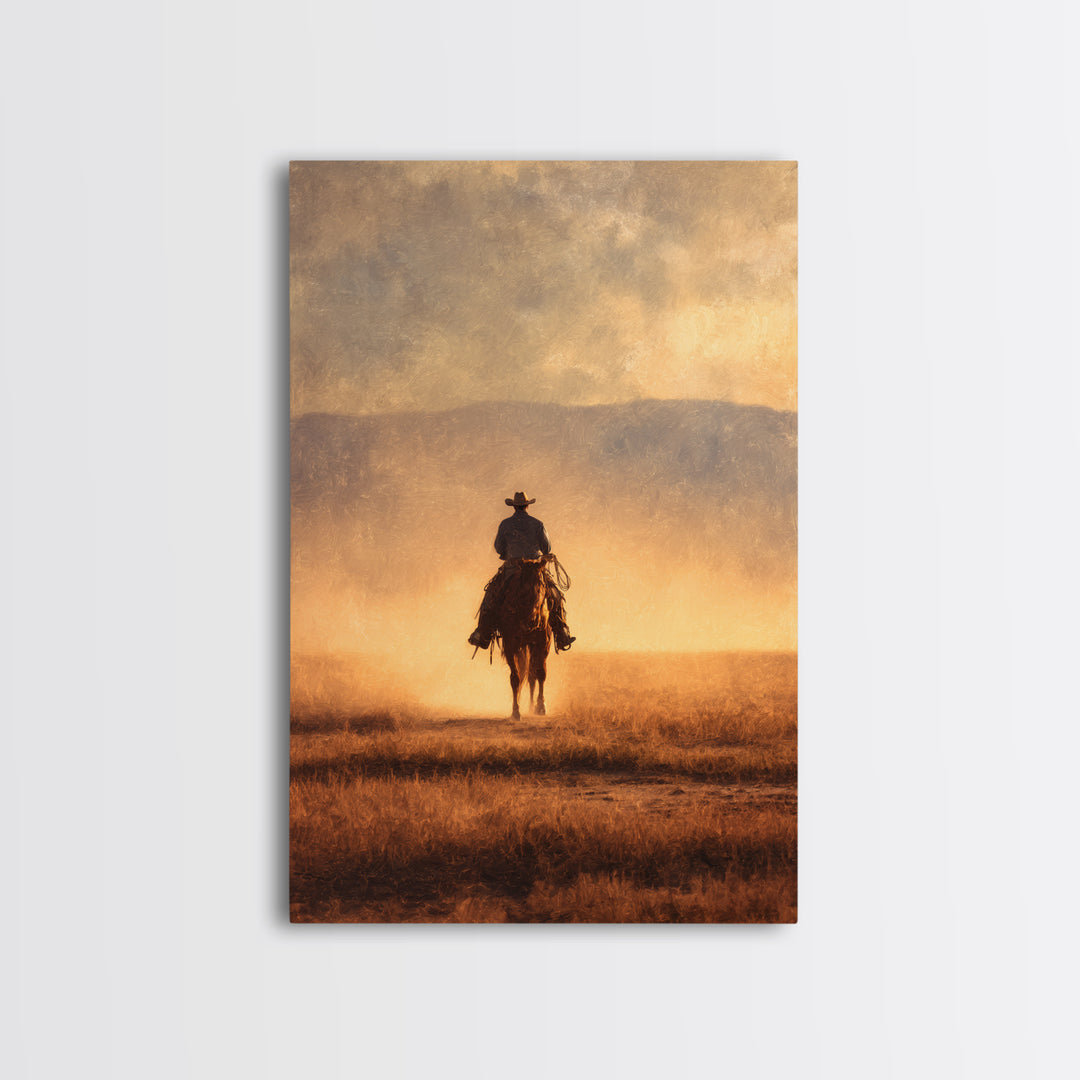 Cowboy Riding Across Dusty Sunset Plains Canvas Print, Western Art, Native American Art, Southwestern Decor, Oil Painting, WES-2x3-57