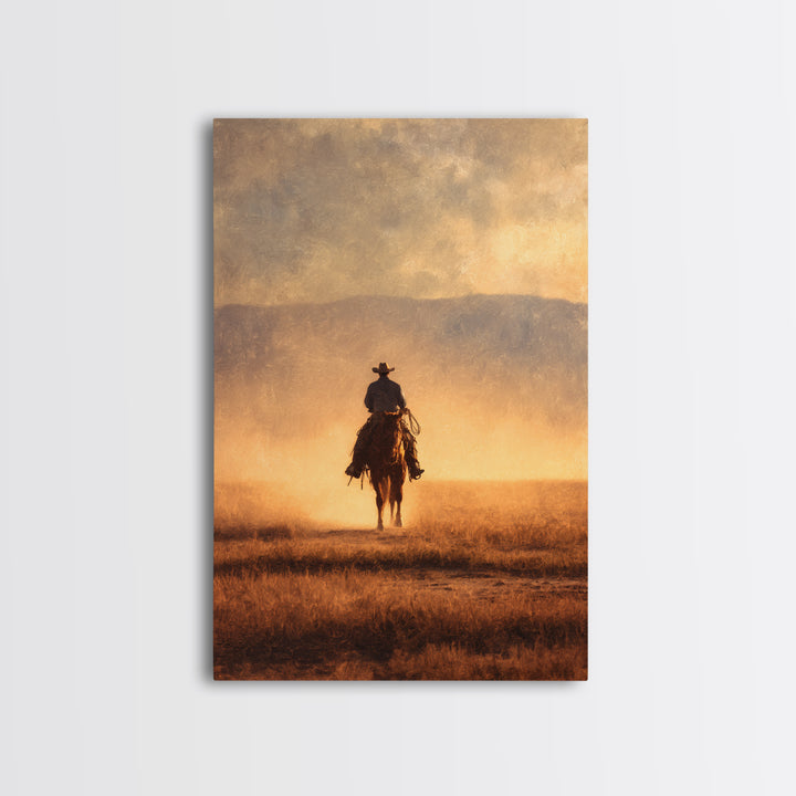 Cowboy Riding Across Dusty Sunset Plains Canvas Print, Western Art, Native American Art, Southwestern Decor, Oil Painting, WES-2x3-57