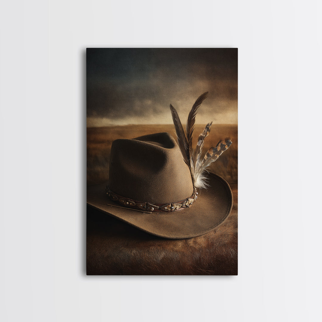 Cowboy Hat with Feathers and Beads Framed Canvas Print, Western Art, Minimalist Decor, Southwestern Decor, Fine Art, Frontier, WES-2x3-6