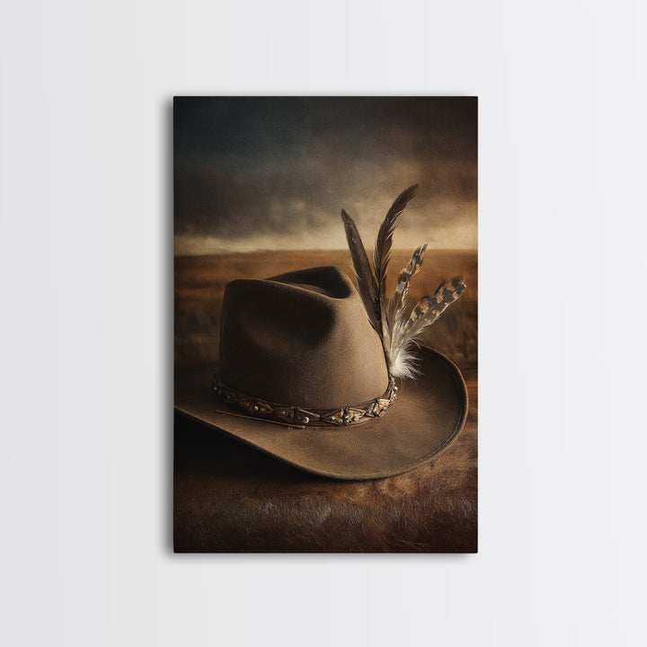 Cowboy Hat with Feathers and Beads Framed Canvas Print, Western Art, Minimalist Decor, Southwestern Decor, Fine Art, Frontier, WES-2x3-6