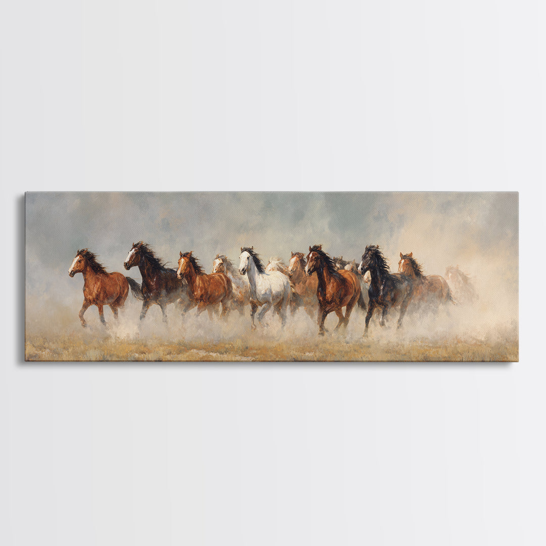 Wild Mustang Herd Framed Canvas Print, Western Art, Minimalist Wall Art, Southwestern Decor, Fine Art, Frontier, Horse Art, WES-3x1-18