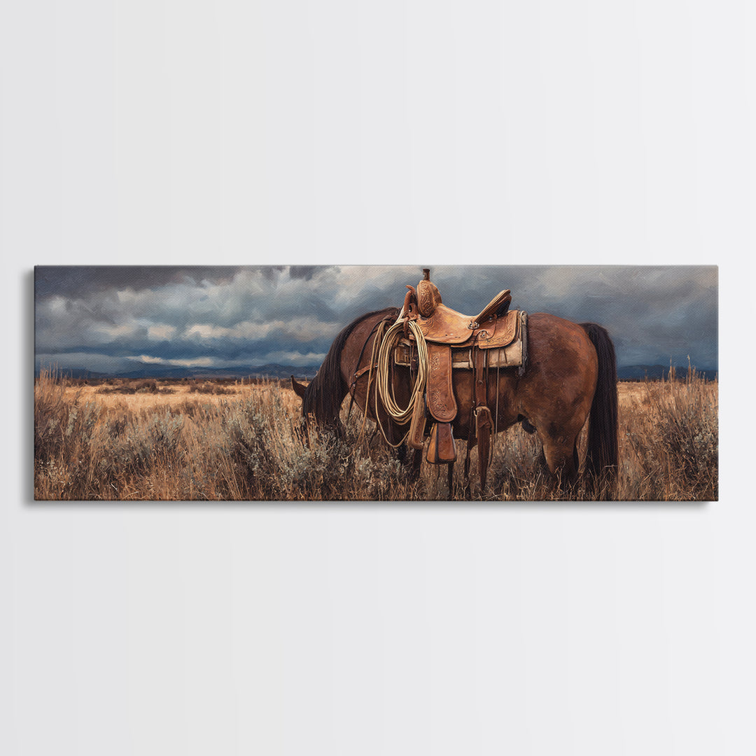 Western Saddle and Rope on Weathered Wood Framed Canvas Print, Western Art, Printable Art, Southwestern Decor, Frontier, WES-3x1-2