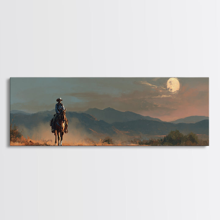 Desert Moon over Lone Rider Canvas Print, Western Art, Fine Art Print, Southwestern Decor, Fine Art, Frontier, Wall Decor, WES-3x1-3