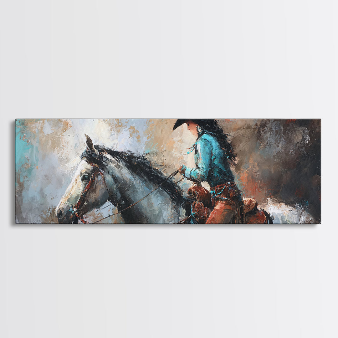 Cowgirl Portrait with Turquoise Jewelry Canvas Print, Western Art, Wall Art, Southwestern Decor, Oil Painting, Frontier, WES-3x1-70