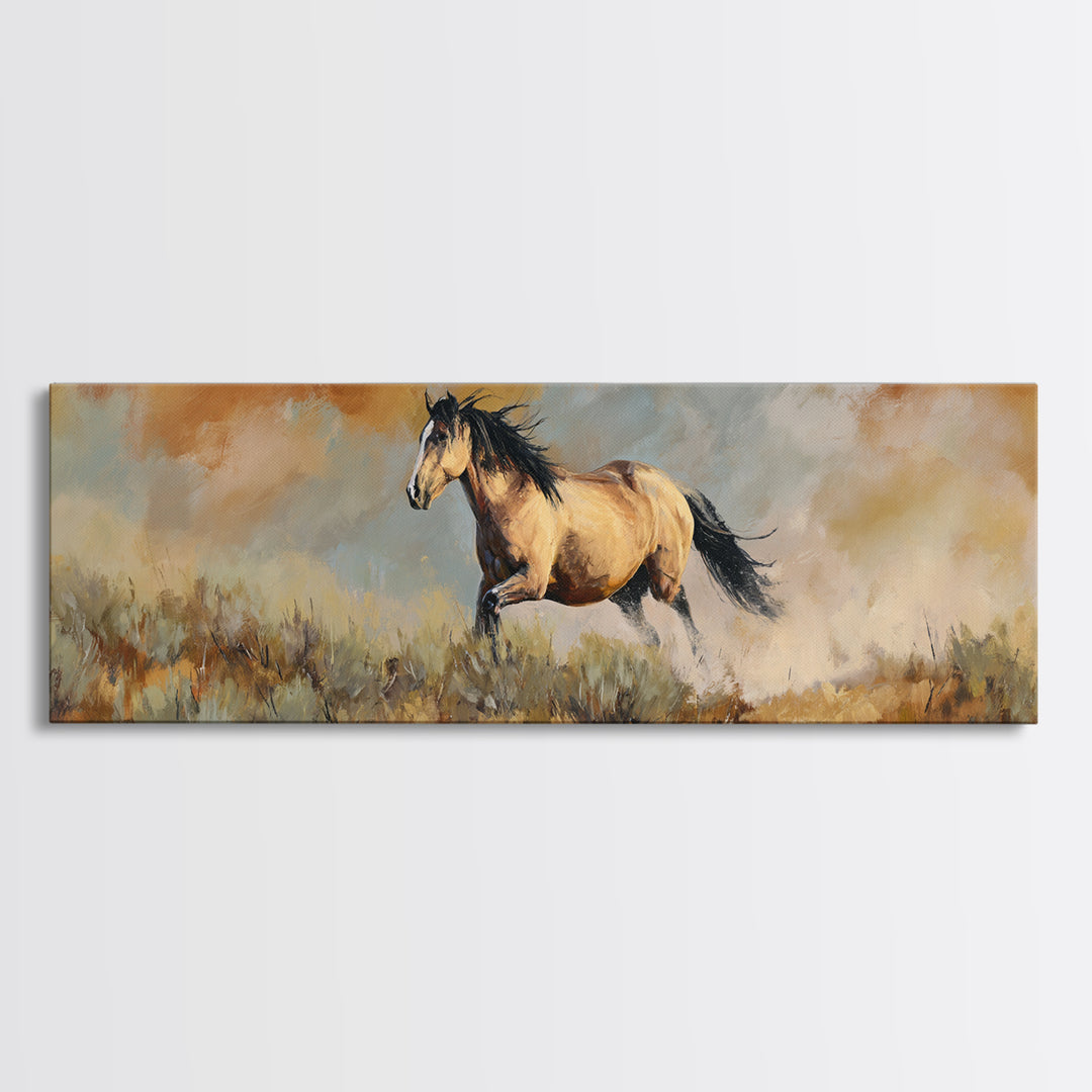 Buckskin Horse in Golden Prairie Light Canvas Print, Western Art, Western Decor, Southwestern Decor, Fine Art, Frontier, WES-3x1-71