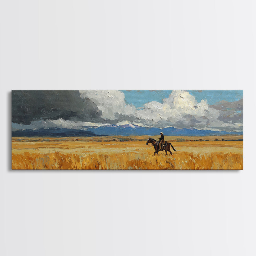 Golden Wheat Field Canvas Print, Western Art, Wall Art, Southwestern Decor, Oil Painting, Frontier, Minimalist Wall Art, WES-3x1-88