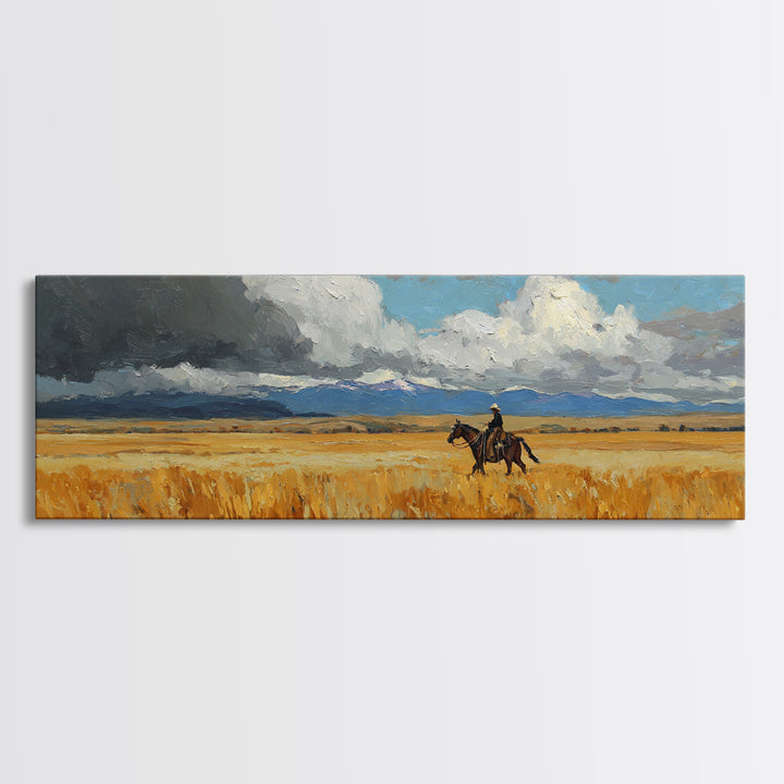 Golden Wheat Field Canvas Print, Western Art, Wall Art, Southwestern Decor, Oil Painting, Frontier, Minimalist Wall Art, WES-3x1-88