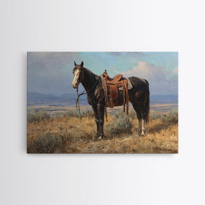 Black Horse Portrait Framed Canvas Print, Western Art, Landscape, Southwestern Decor, Fine Art, Frontier, Modern Decor, WES-3x2-46