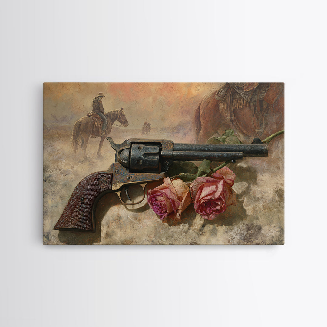Old Revolver and Roses Framed Canvas Print, Western Art, Oil Painting, Southwestern Decor, Frontier, Digital Download Art, WES-3x2-47