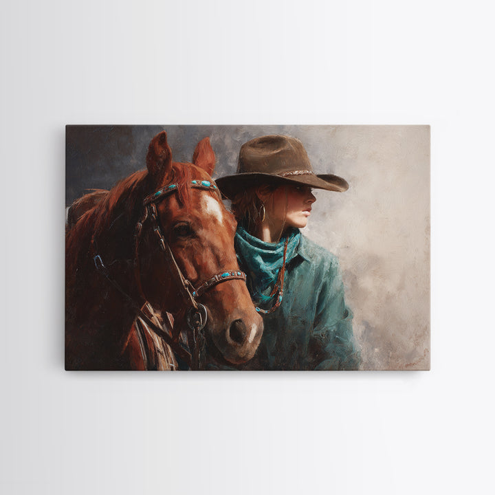 Cowgirl Portrait with Turquoise Jewelry Canvas Print, Western Art, Southwestern Decor, Fine Art, Frontier, Boho Decor, WES-3x2-58