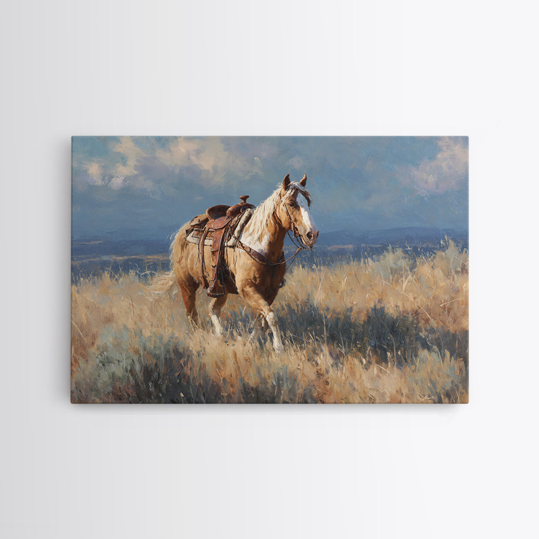 Buckskin Horse in Golden Prairie Light Framed Canvas Print, Western Art, Oil Painting, Southwestern Decor, Frontier, Landscape, WES-3x2-59