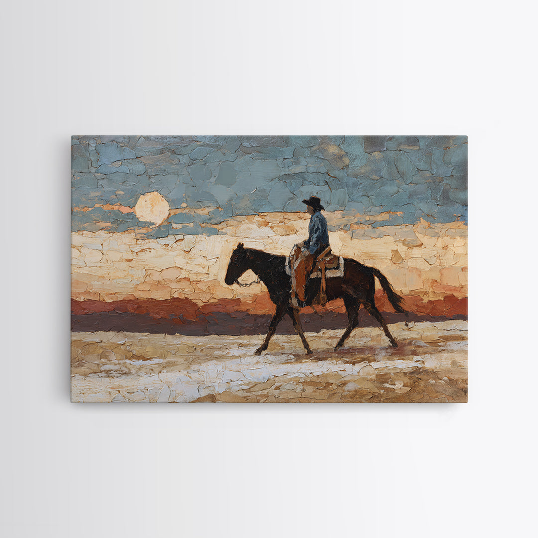 Desert Moon over Lone Rider Framed Canvas Print, Western Art, Western Home Decor, Southwestern Decor, Oil Painting, Frontier, WES-3x2-63