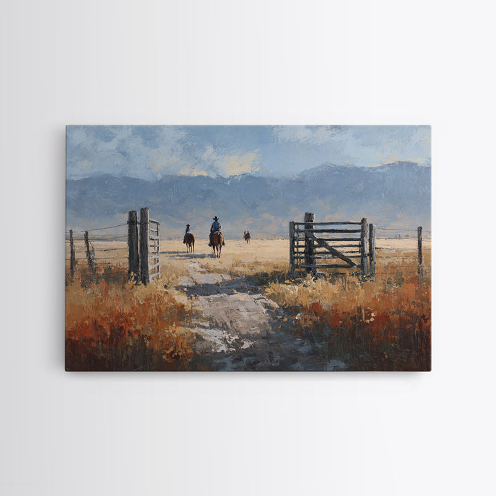 Sun Bleached Ranch Gate Framed Canvas Print, Western Art, Western Wall Art, Southwestern Decor, Watercolor Art, Frontier, WES-3x2-91