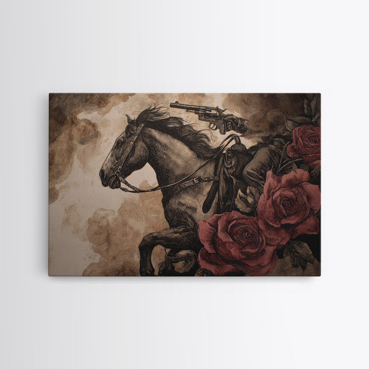 Old Revolver and Roses Framed Canvas Print, Western Art, Printable Art, Southwestern Decor, Frontier, Western Home Decor, WES-3x2-95