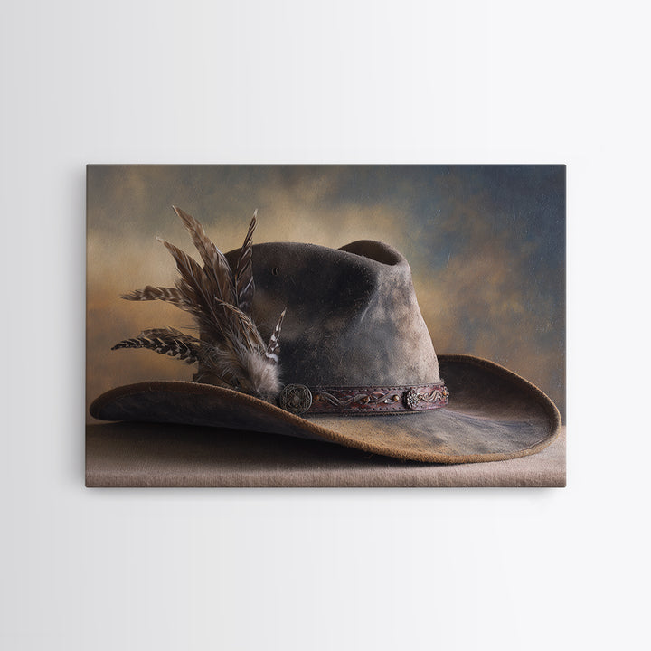 Cowboy Hat with Feathers and Beads Canvas Print, Western Art, Western Print, Southwestern Decor, Fine Art, Frontier, WES-3x2-98