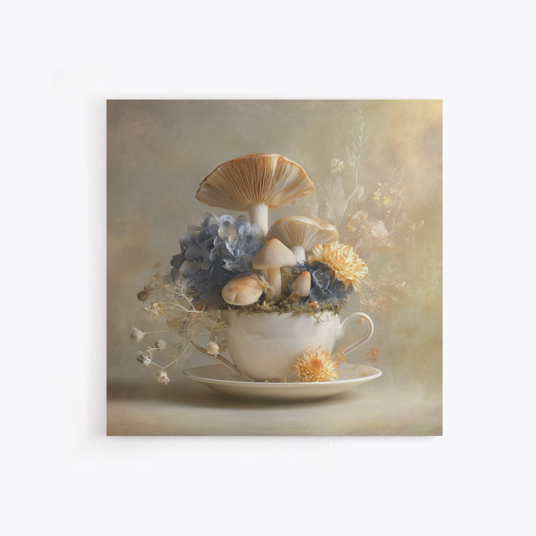 Teacup Garden with Tiny Mushrooms Framed Canvas Print, Whimsical Art, Watercolor Art, Living Room Decor, Fine Art, Wonder, WHI-1x1-100